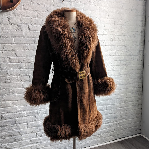 70s Vintage Brown Suede Penny Lane Afghan Coat Fur Furry Groovy Boho Chic Jacket - Picture 5 of 9